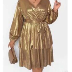 SHEIN | Dresses | Shein Gold Wrap Vneck Long Sleeve Dress | Poshmark